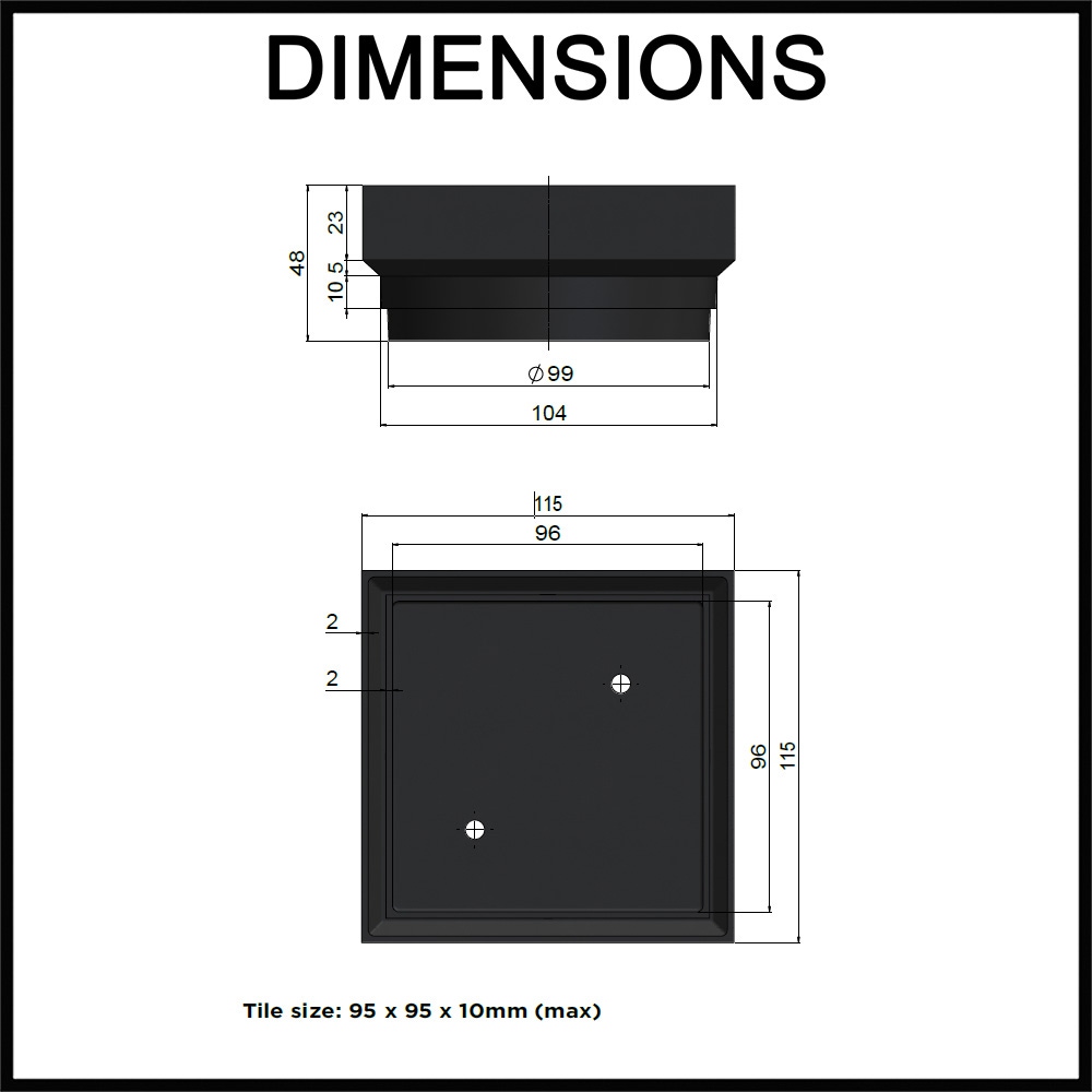 Meir square brass shower centre waste with tile insert dimensions guide