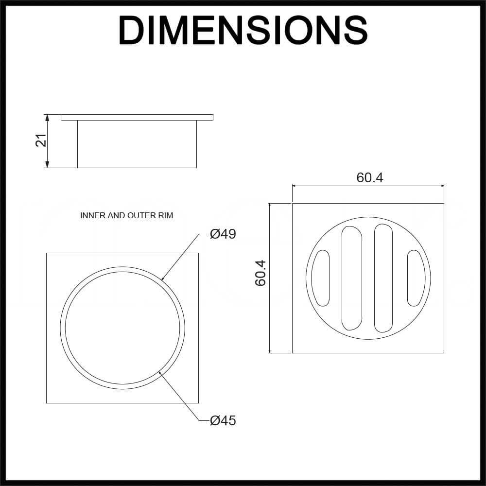 Meir 50mm square brass shower centre waste dimensions guide