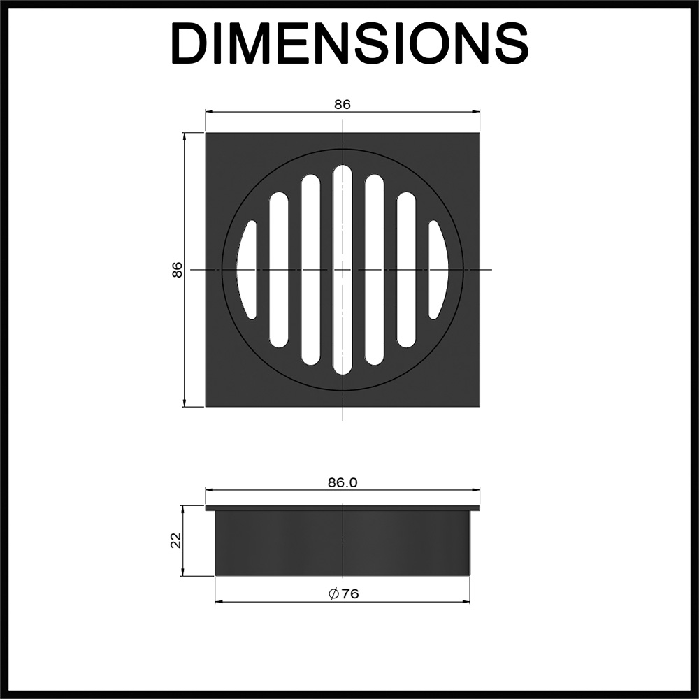 Meir 80mm square brass shower centre waste dimensions guide