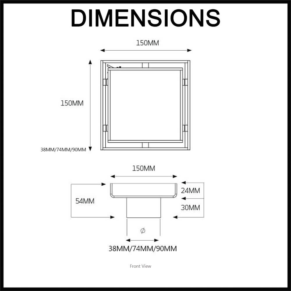 radiant square centre floor waste 150mmx150mm dimensions