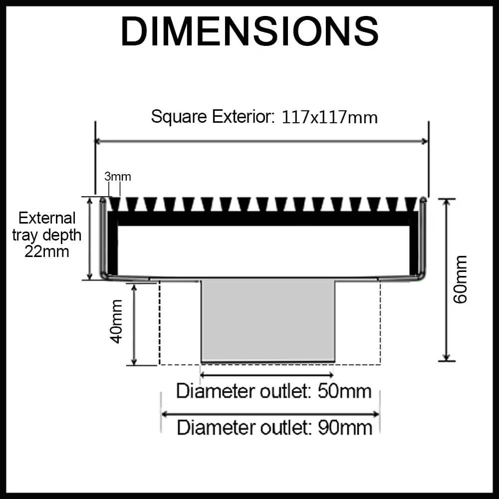 Centre Square Floor Waste - Wedge Wire / Heel Guard Style 117x117mm Dimensions
