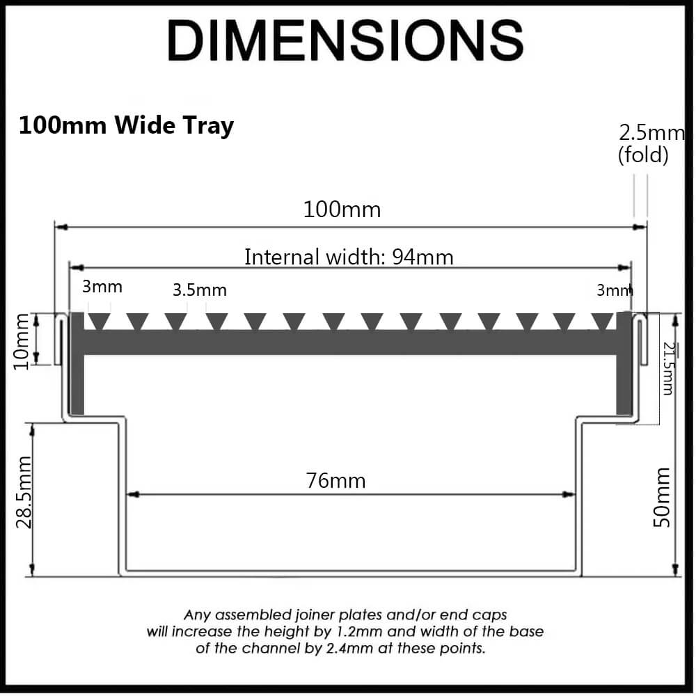Outdoor Landscape Pool Drainage Channel - Tray and Grate - Wedge Wire / Heel Guard Style - 100mm - Dimensions