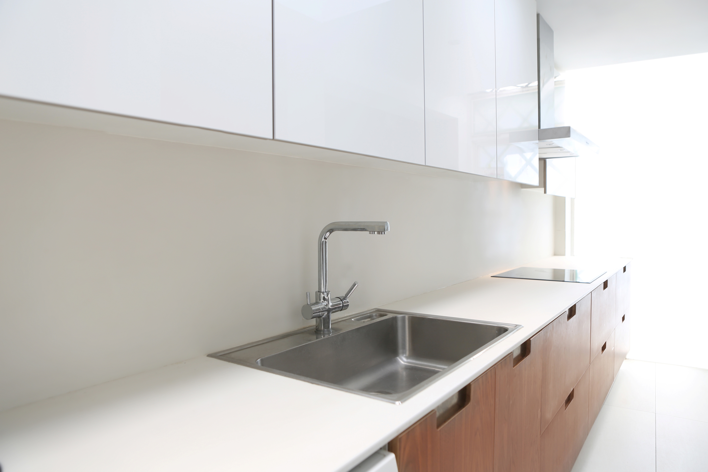modern kitchen in white and walnut wood interior house